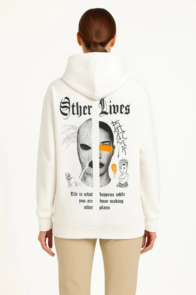 Üç İplik Kapşonlu ön Ve Arka Baskılı SweatShirt Hoodie- Beyaz