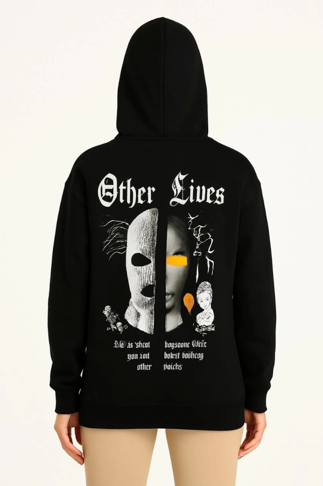 Üç İplik Kapşonlu ön Ve Arka Baskılı SweatShirt Hoodie- Siyah