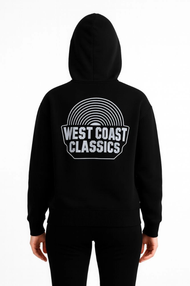 Üç İplik Kapüşonlu Ön Ve Arka Baskılı SweatShirt Hoodie - Siyah