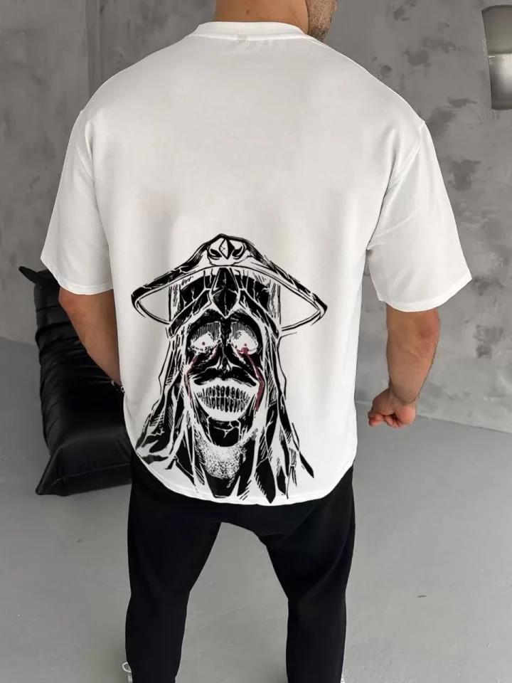 Unisex Bisiklet Yaka Baskılı Oversize T-Shirt - Siyah