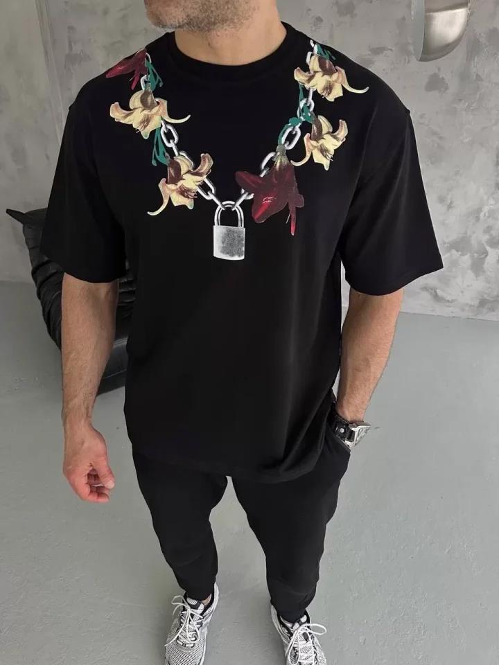 Unisex Bisiklet Yaka Baskılı Oversize T-Shirt - Beyaz
