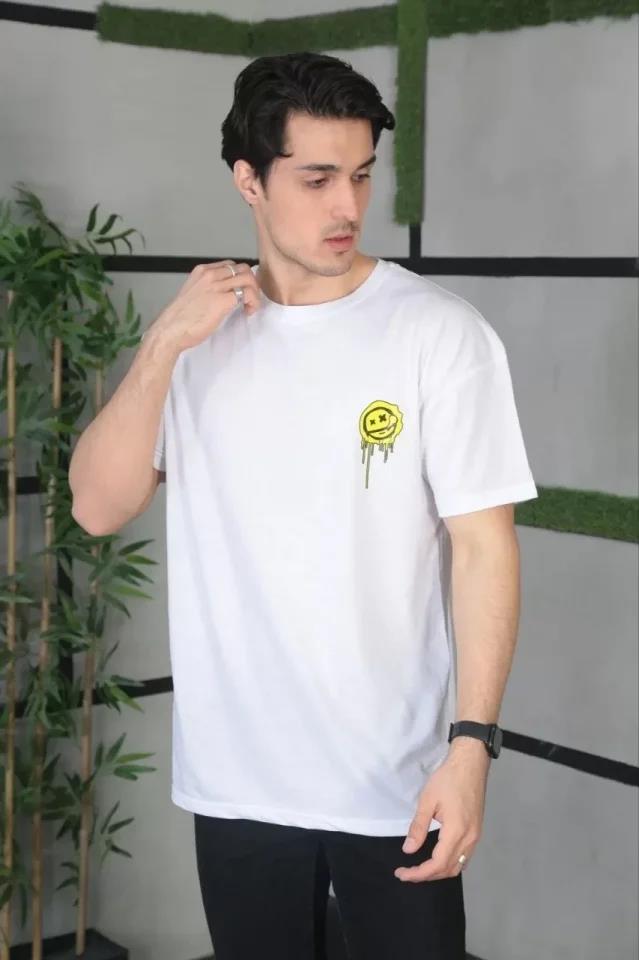 Unisex Bisiklet Yaka Baskılı Oversize T-Shirt - Gri