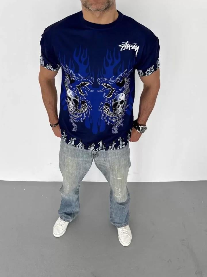 Unisex Bisiklet Yaka Baskılı Oversize T-Shirt - Beyaz