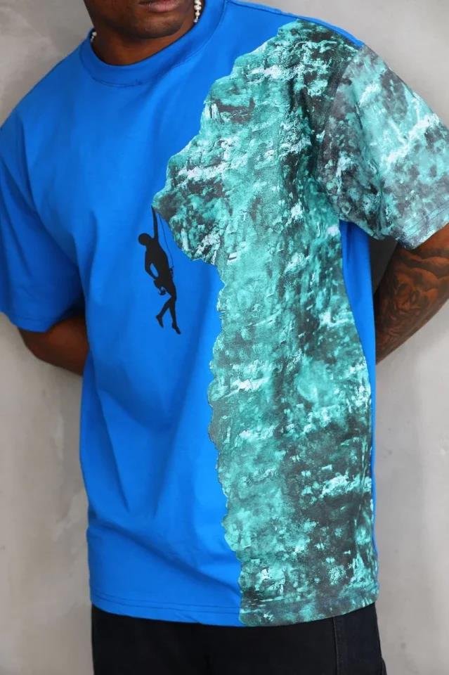 Unisex Bisiklet Yaka Baskılı Oversize T-Shirt - Siyah