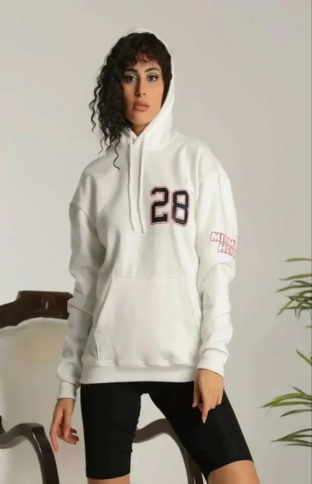 Unisex Kapşonlu Baskılı Sweetshirt - Beyaz