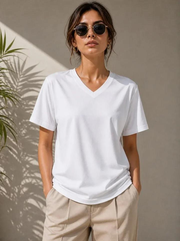 V Yaka Basic Tişört Kısa Kol Yazlık Regular Fit T-Shirt - Beyaz