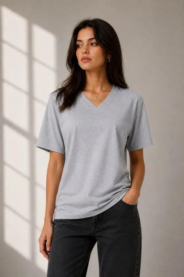 V Yaka Basic Tişört Kısa Kol Yazlık Regular Fit T-Shirt - Gri