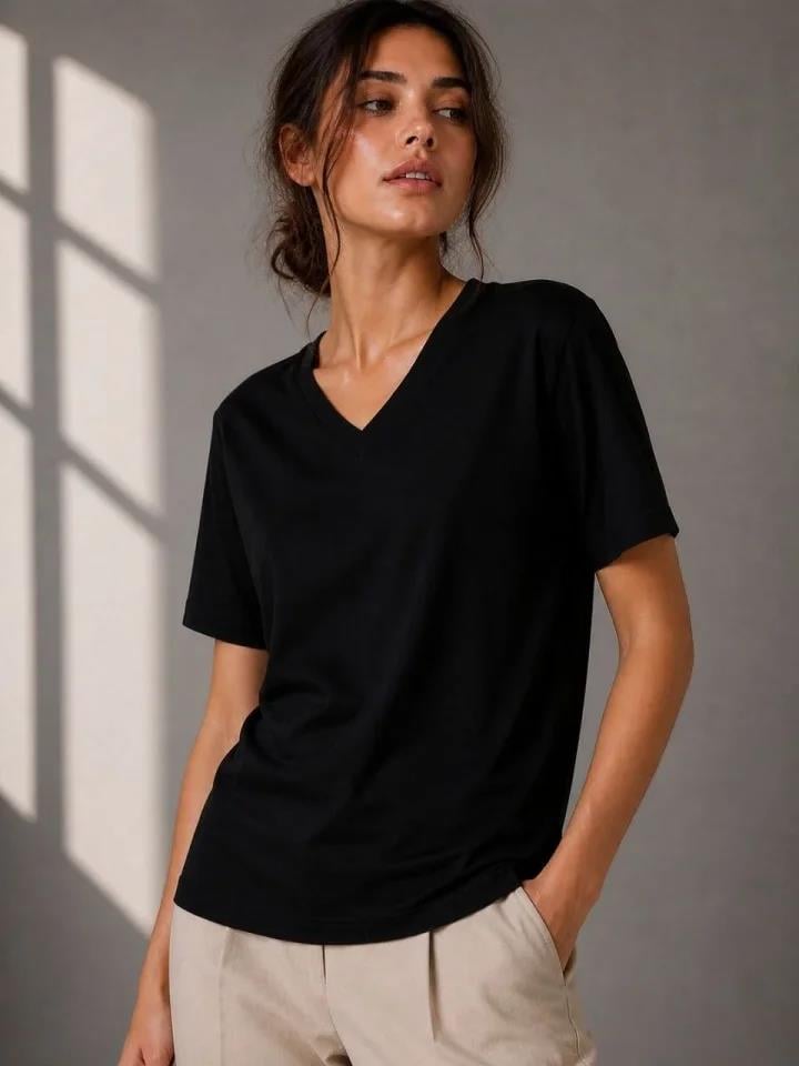 V Yaka Basic Tişört Kısa Kol Yazlık Regular Fit T-Shirt - Siyah