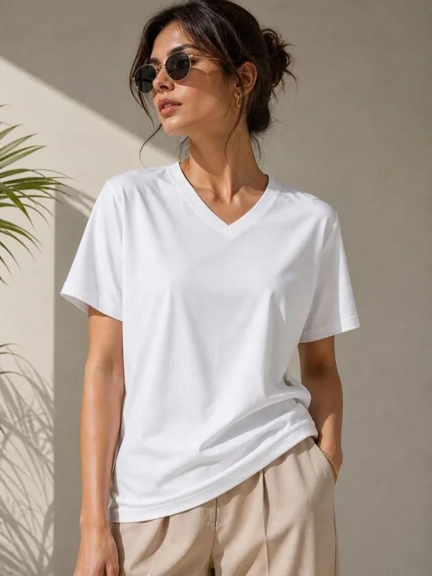 V Yaka Basic Tişört Kısa Kol Yazlık Regular Fit T-Shirt - Beyaz