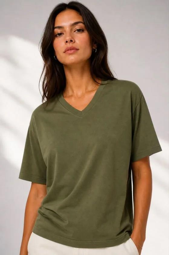 V Yaka Basic Tişört Kısa Kol Yazlık Regular Fit T-Shirt - Haki