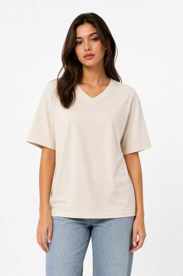 V Yaka Basic Tişört Kısa Kol Yazlık Regular Fit T-Shirt - Bej
