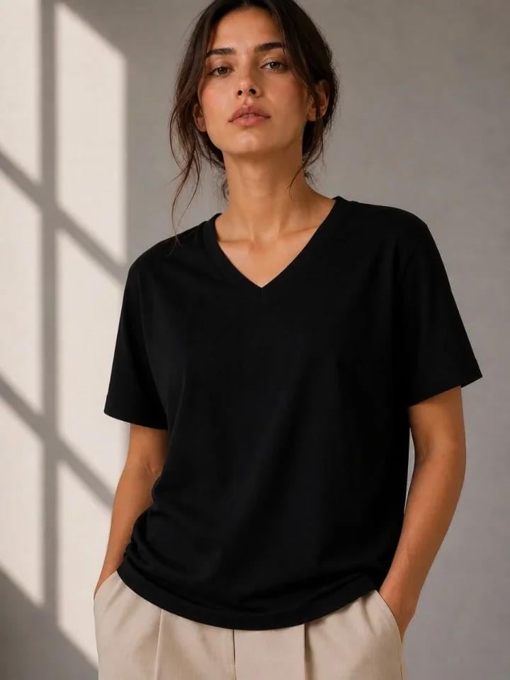 V Yaka Basic Tişört Kısa Kol Yazlık Regular Fit T-Shirt - Siyah