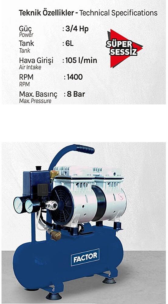 Factor EWS 6 Yağsız Sessiz Hava Kompresörü 6 Litre | 8 Bar