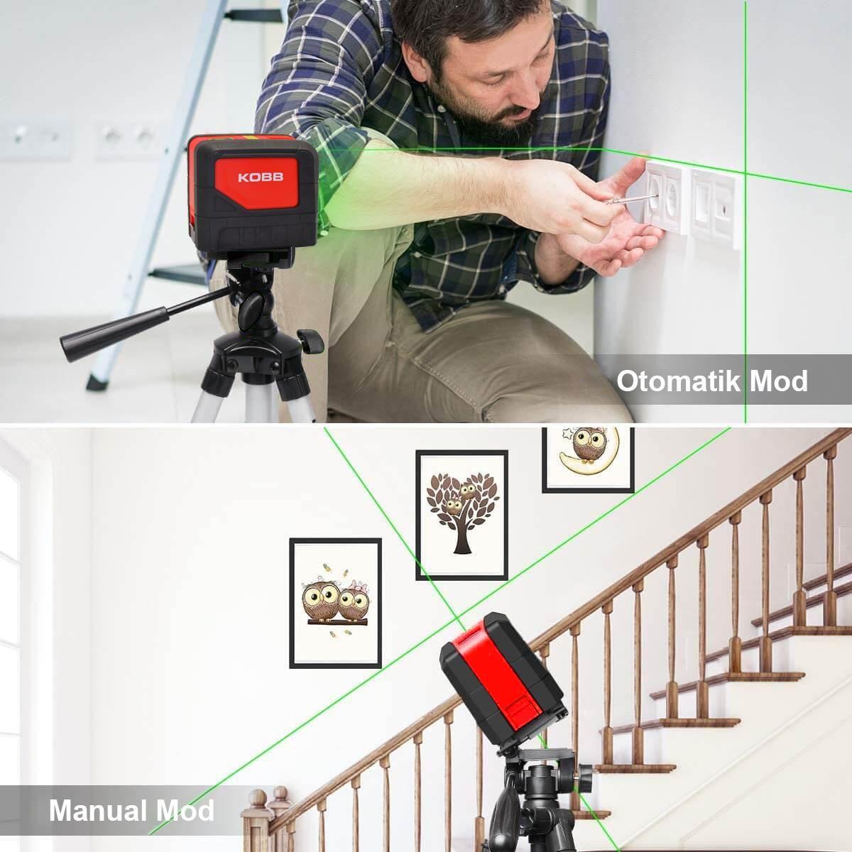 KOBB KBL92GTP Yatay ve Dikey Otomatik Hizalamalı Yeşil Çapraz Çizgi Lazer, 2 Noktalı Şakül Lazer Distomat  + Mini Tripod + Tripod