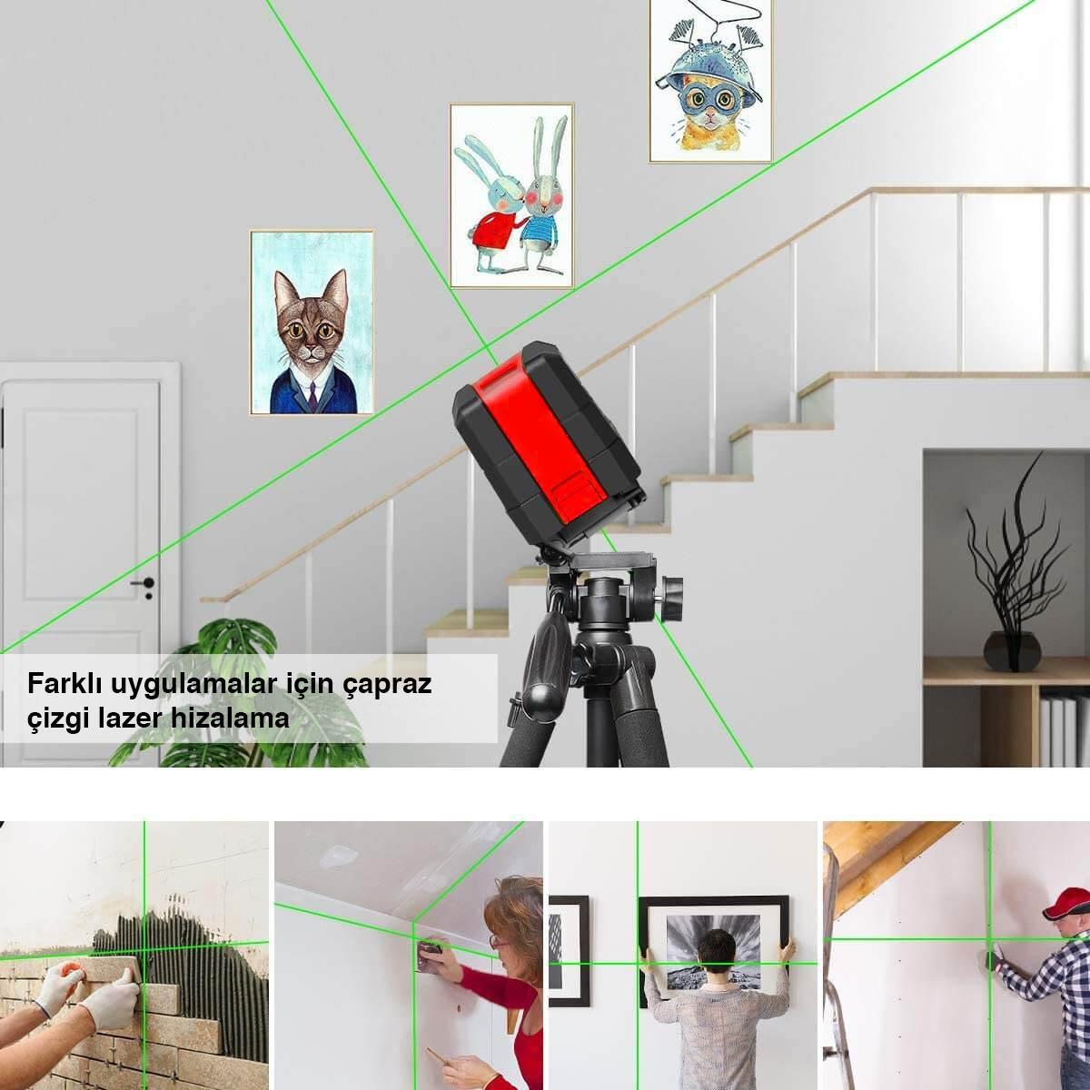 KOBB KBL92GTP Yatay ve Dikey Otomatik Hizalamalı Yeşil Çapraz Çizgi Lazer, 2 Noktalı Şakül Lazer Distomat  + Mini Tripod + Tripod