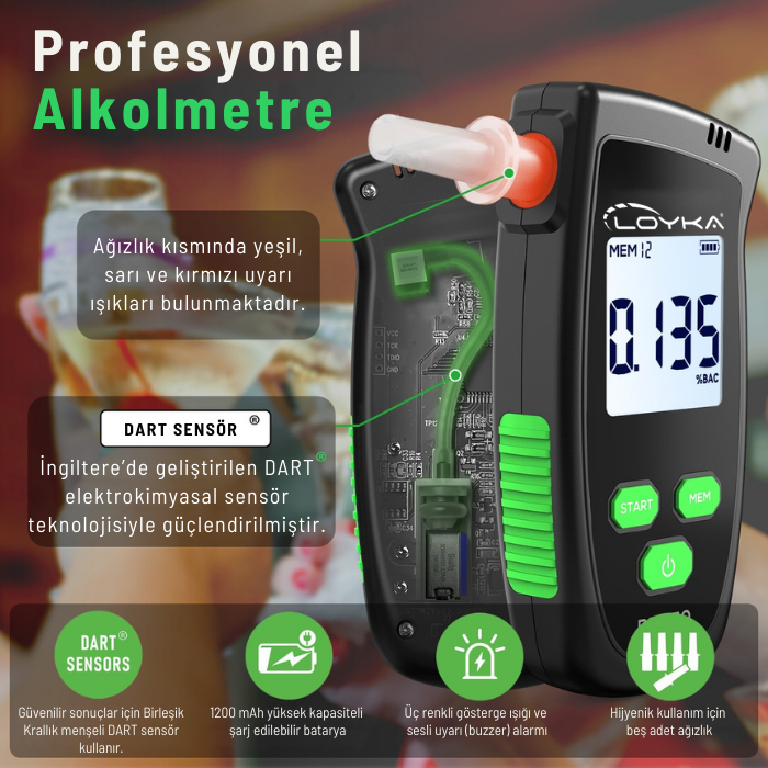 Loyka ALC-01 Üflemeli Dijital Alkol Metresi 0–2.00 ‰PROM | Profesyonel, Sesli Uyarılı, Hızlı Ölçüm