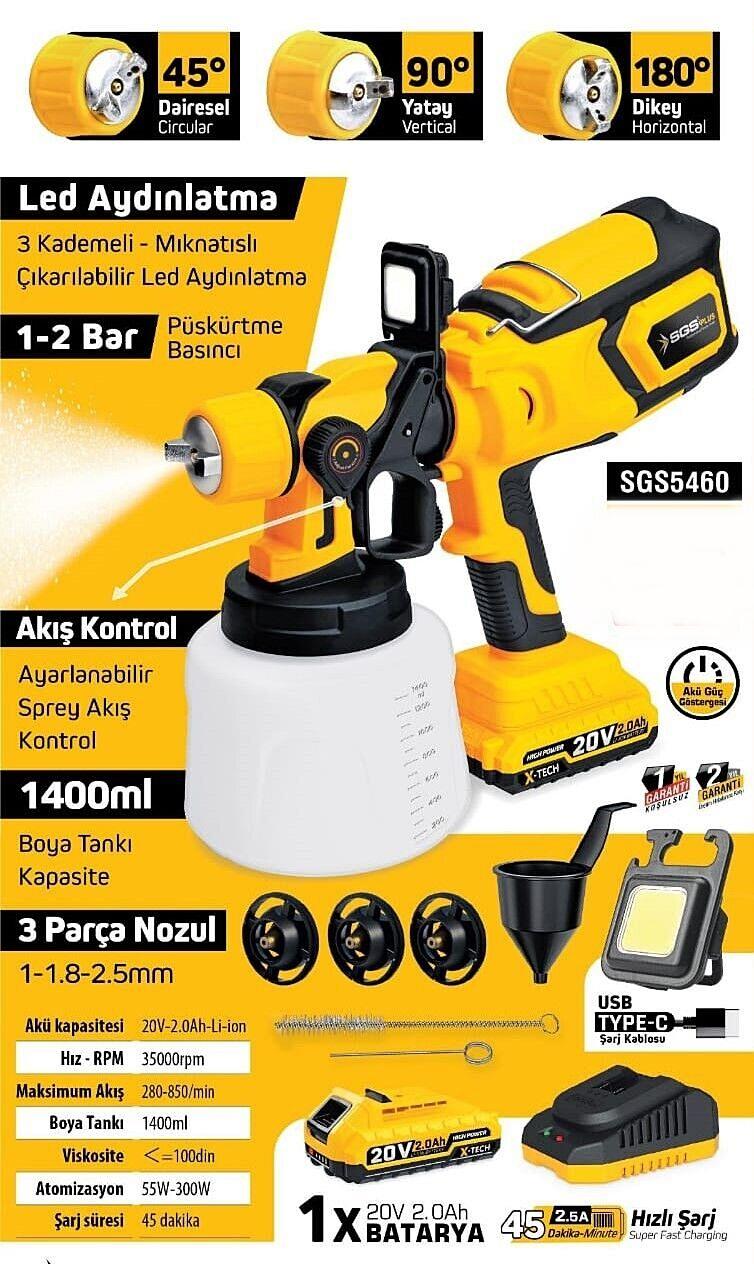 SGS SGS5460 20V Akülü Boya Tabancası – 1×2.0Ah + 3 Nozullu Başlık