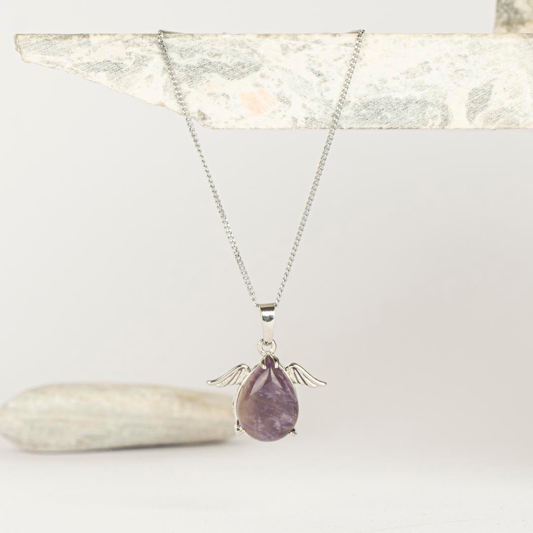 Ametist Damla Kanatlı Dogal Taş Kolye