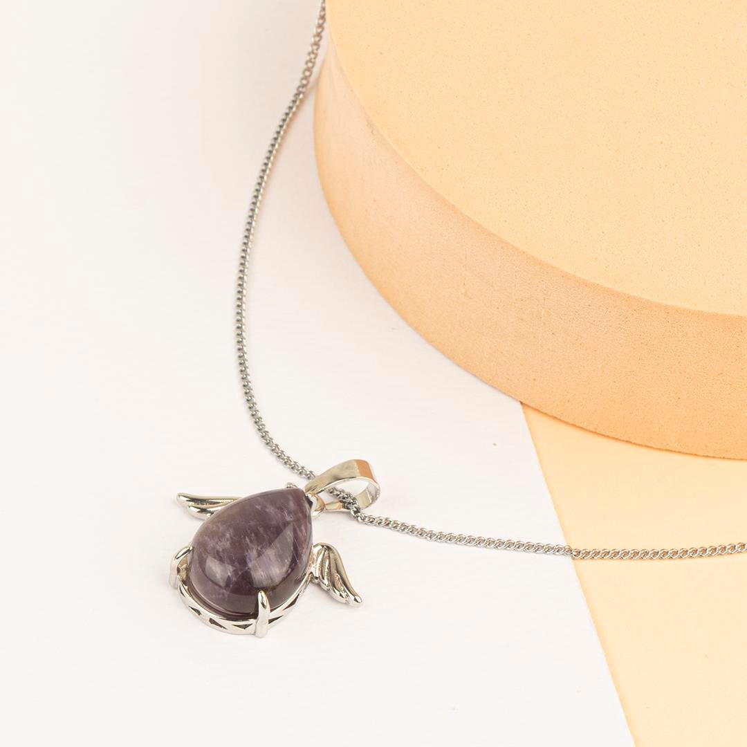 Ametist Damla Kanatlı Dogal Taş Kolye