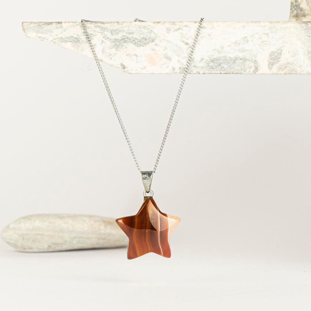 Botswana Akik Yıldız Temalı Dogal Taş Kolye