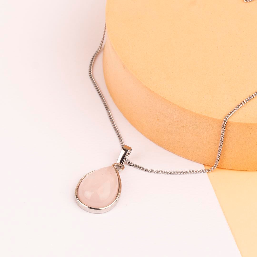 Pembe Kuvars Damla Dogal Taş Kolye