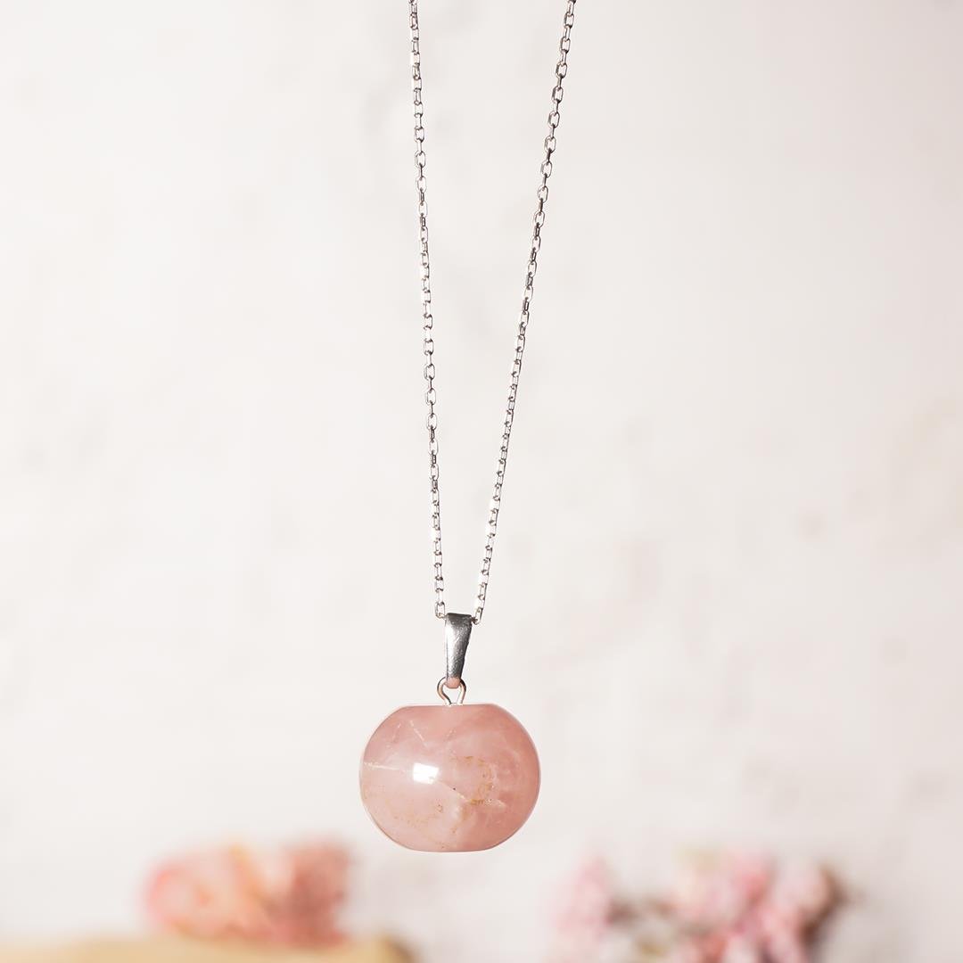 Pembe Kuvars Doğal Taş Kolye