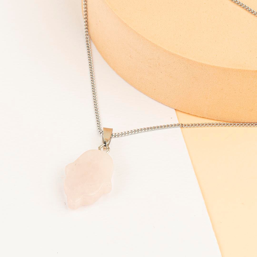 Pembe Kuvars Hamse Temalı Doğal Taşı Kolye