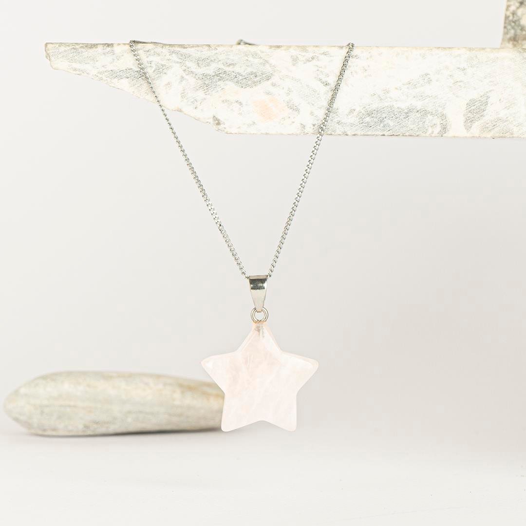 Pembe Kuvars Yıldız Temalı Dogal Taş Kolye