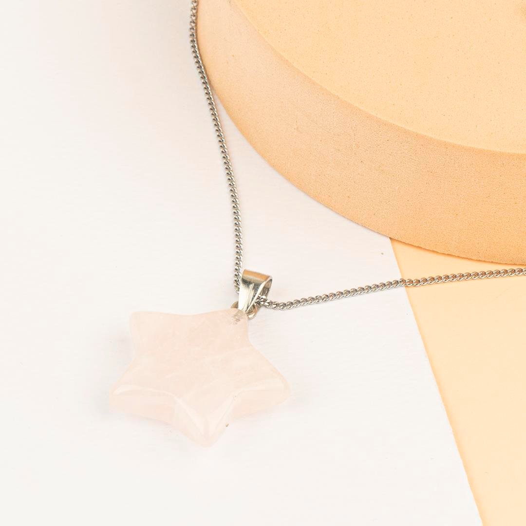 Pembe Kuvars Yıldız Temalı Dogal Taş Kolye