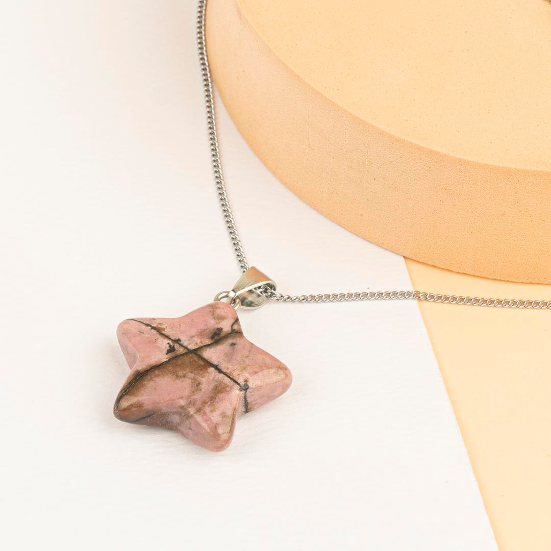 Rodonit Yıldız Temalı Dogal Taş Kolye
