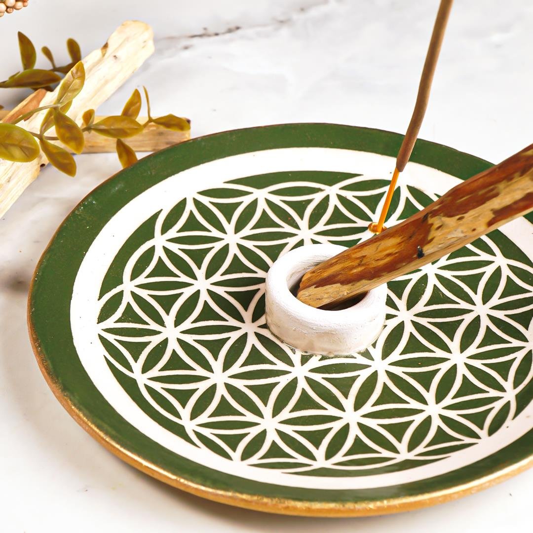 Yaşam Çiçeği Temalı Yeşil El Yapımı Palo Santo Tütsülük