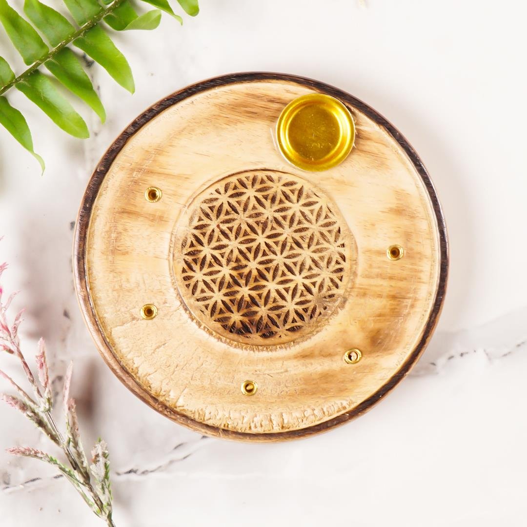 Yaşam Çiçegi  Temalı Yuvarlak Ahşap Konik Tütsülük