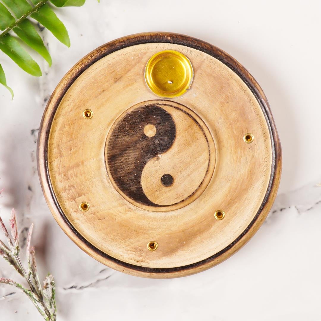 Yin Yang Temalı Yuvarlak Ahşap Konik Tütsülük