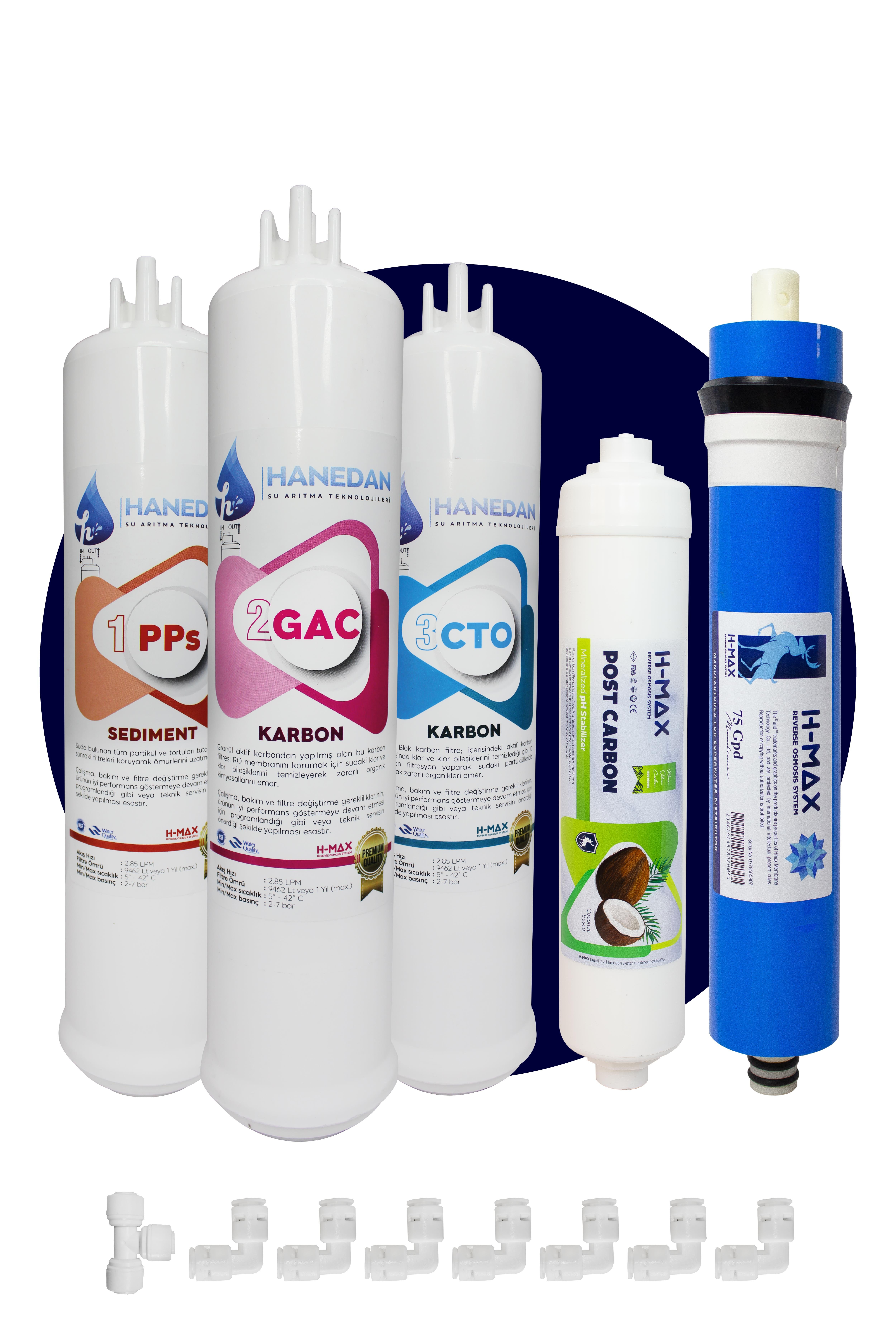 Üstten Giriş ve Çıkışlı, Çift Çubuklu Su Arıtma Cihazı Filtresi 75 Gpd Membranlı 5'li Set