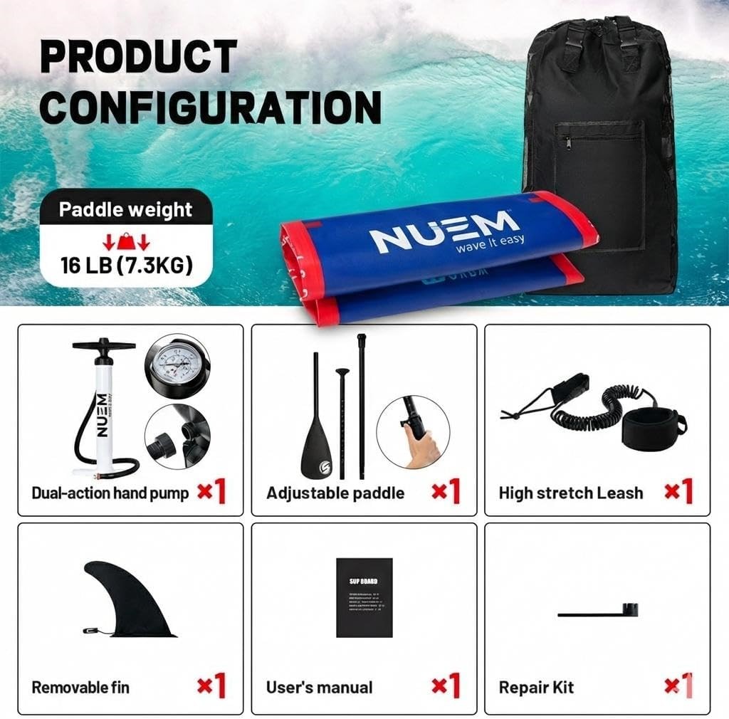 NUEM 10'6 (320x78x15cm) Şişme SUP Board - Stand Up Paddle Board - Başlangıç ve Orta Seviye Kürek Sörfü (Full Set - Aksesuarlar Dahildir)