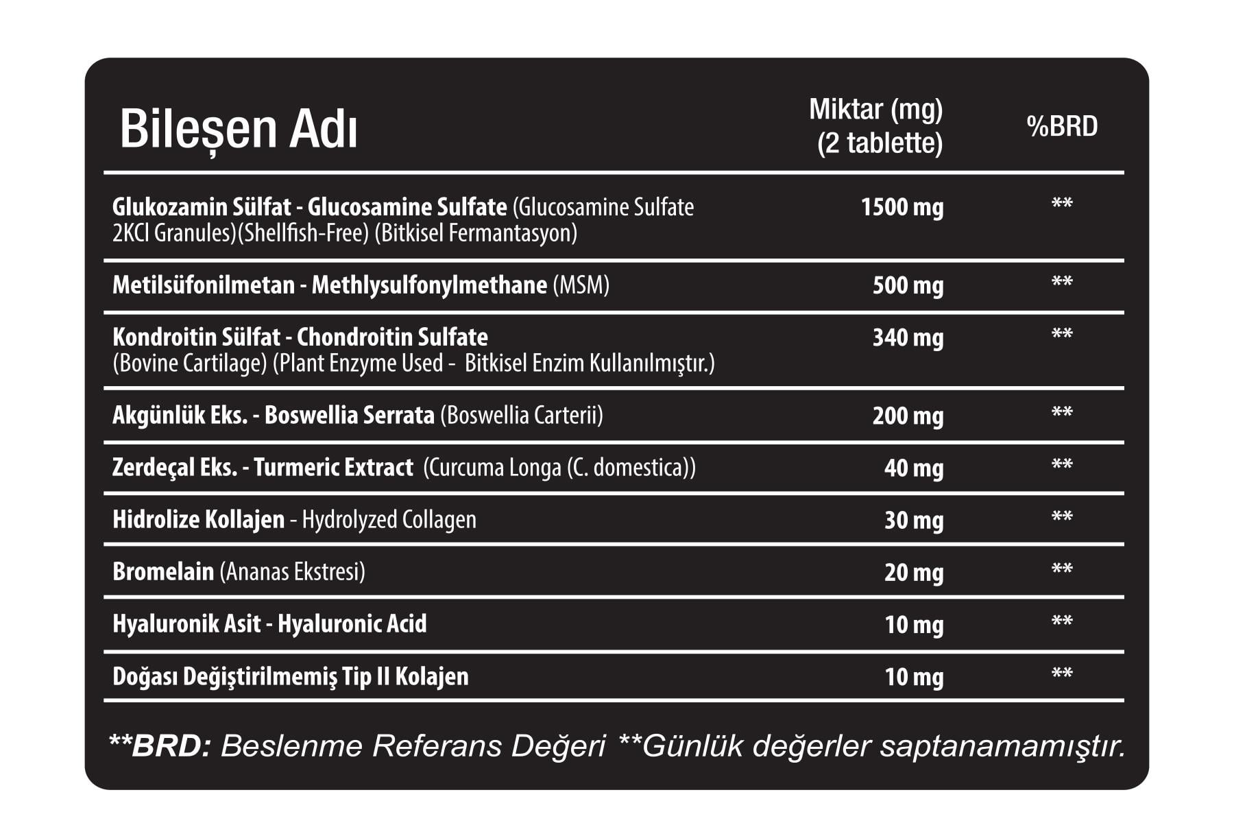 Glukozamin MSM Chondroitin Kolajen Hyaluronik asit Bromelain Boswellia Zerdeçal içeren 30 Tablet
