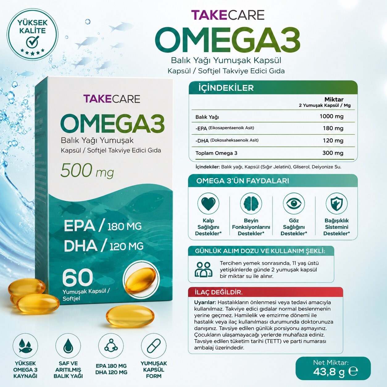 Omega 3 Balık yağı fish oil 500 mg 60 adet Softjel Yumuşak Kapsül takviye gıda EPA DHA