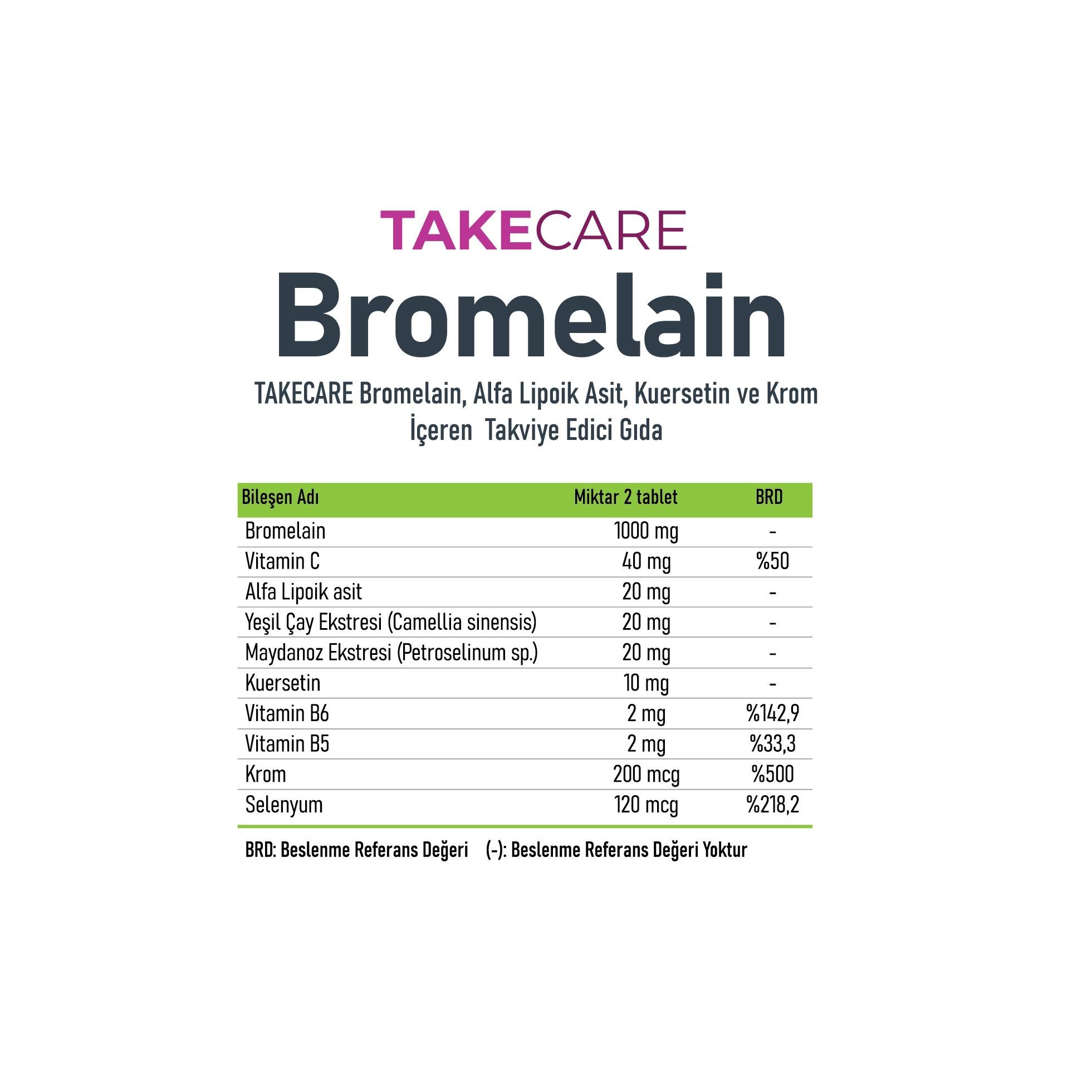 TAKECARE Bromelain, Alfa Lipoik Asit, Kuersetin ve Krom İçeren Takviye Edici Gıda 30 Tablet