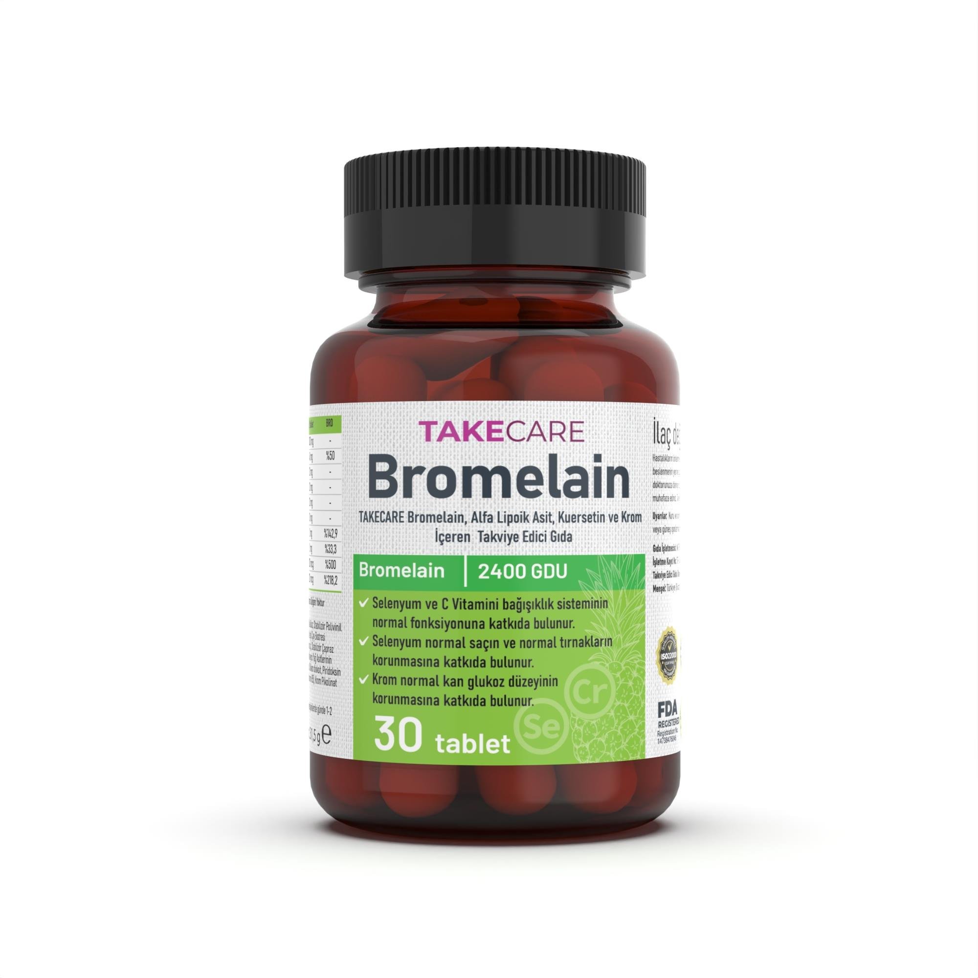 TAKECARE Bromelain, Alfa Lipoik Asit, Kuersetin ve Krom İçeren Takviye Edici Gıda 30 Tablet
