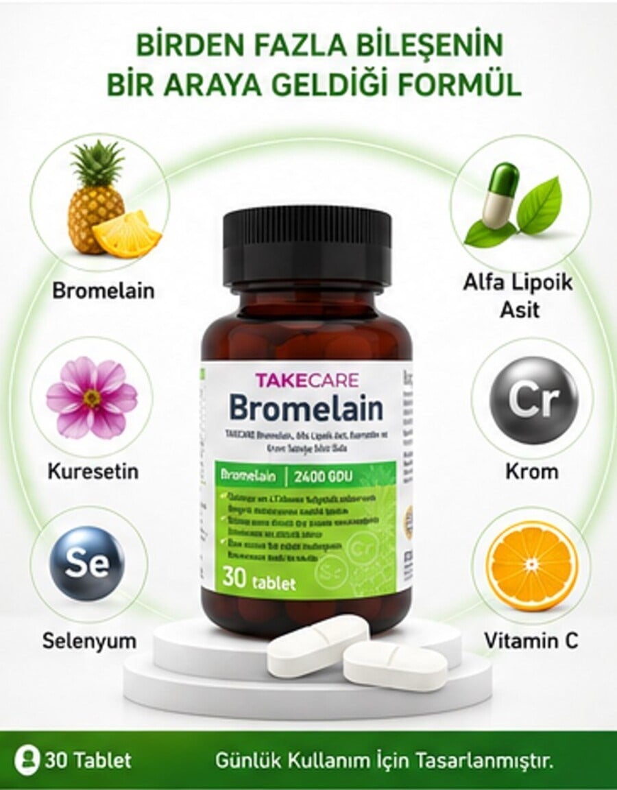 TAKECARE Bromelain, Alfa Lipoik Asit, Kuersetin ve Krom İçeren Takviye Edici Gıda 30 Tablet