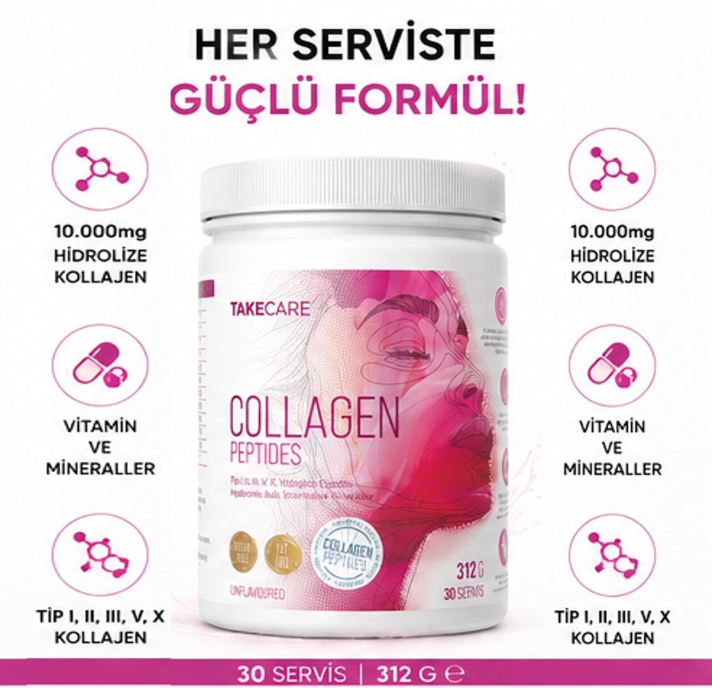 Takecare Collagen Peptides Tip I, II, III, V, X, Hidrolize Elastin, Hyaluronik Asit, Vitamin ve Mineraller