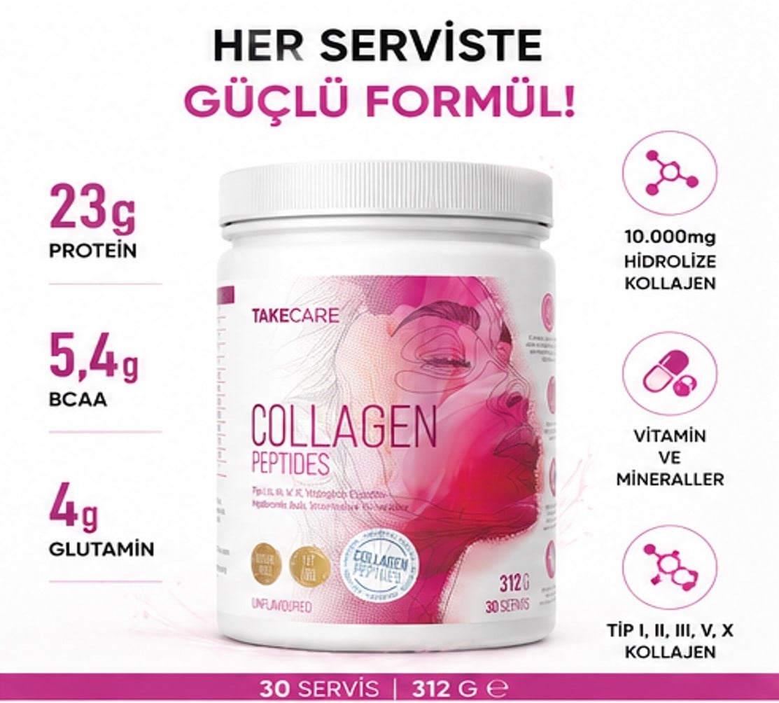 Takecare Collagen Peptides Tip I, II, III, V, X, Hidrolize Elastin, Hyaluronik Asit, Vitamin ve Mineraller