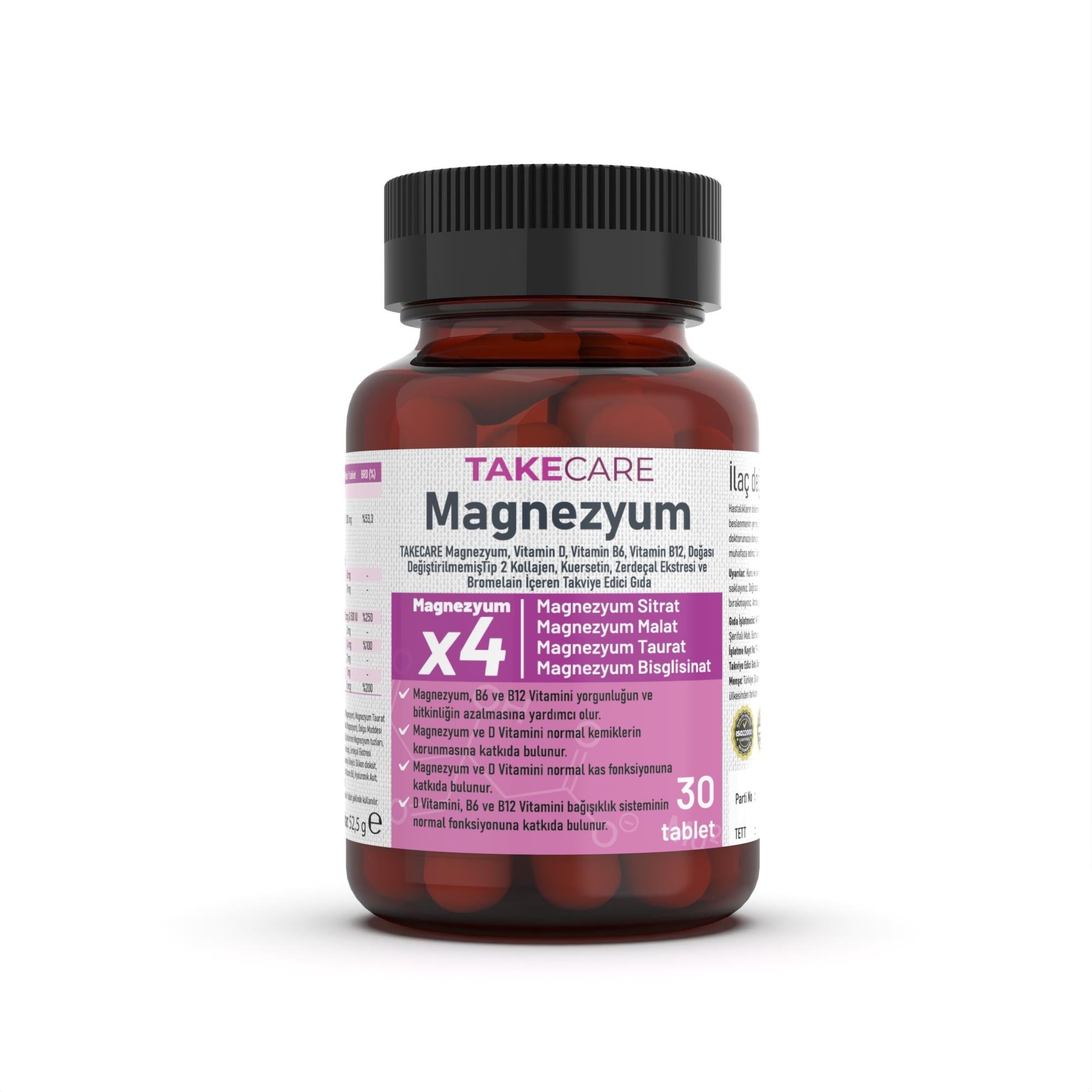 TAKECARE Magnezyum, Vitamin D, Vitamin B6, Vitamin B12, Doğası DeğiştirilmemişTip 2 Kollajen, Kuersetin, Zerdeçal Ekstresi ve Bromelain İçeren Takviye Edici Gıda 30 Tablet