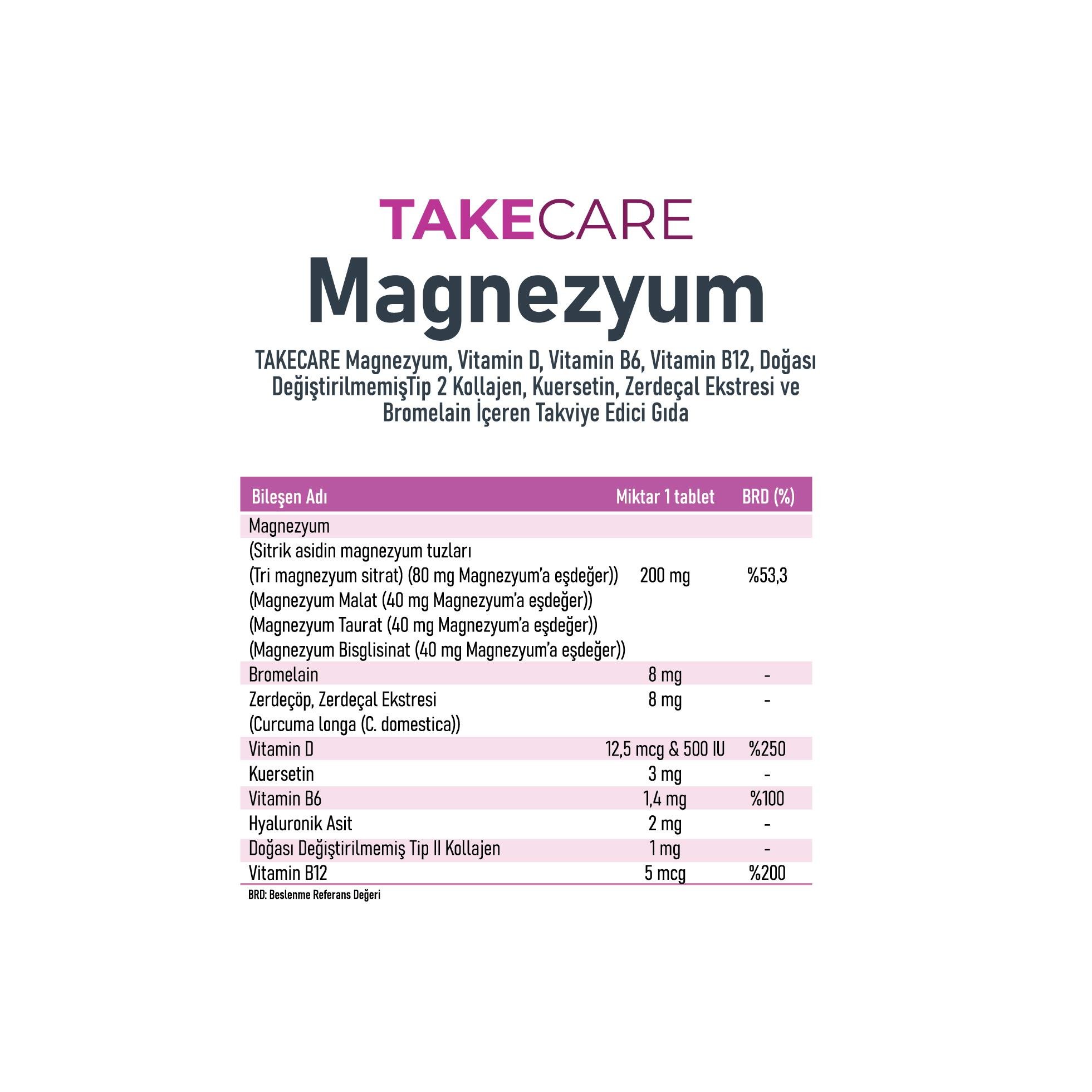 TAKECARE Magnezyum, Vitamin D, Vitamin B6, Vitamin B12, Doğası DeğiştirilmemişTip 2 Kollajen, Kuersetin, Zerdeçal Ekstresi ve Bromelain İçeren Takviye Edici Gıda 30 Tablet