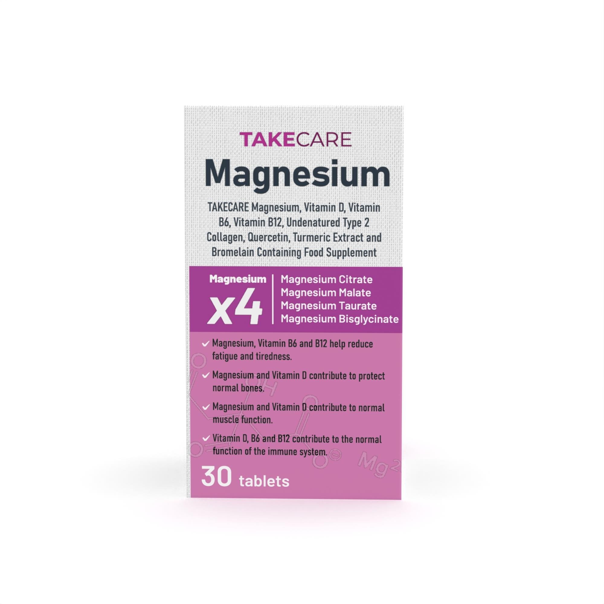TAKECARE Magnezyum, Vitamin D, Vitamin B6, Vitamin B12, Doğası DeğiştirilmemişTip 2 Kollajen, Kuersetin, Zerdeçal Ekstresi ve Bromelain İçeren Takviye Edici Gıda 30 Tablet