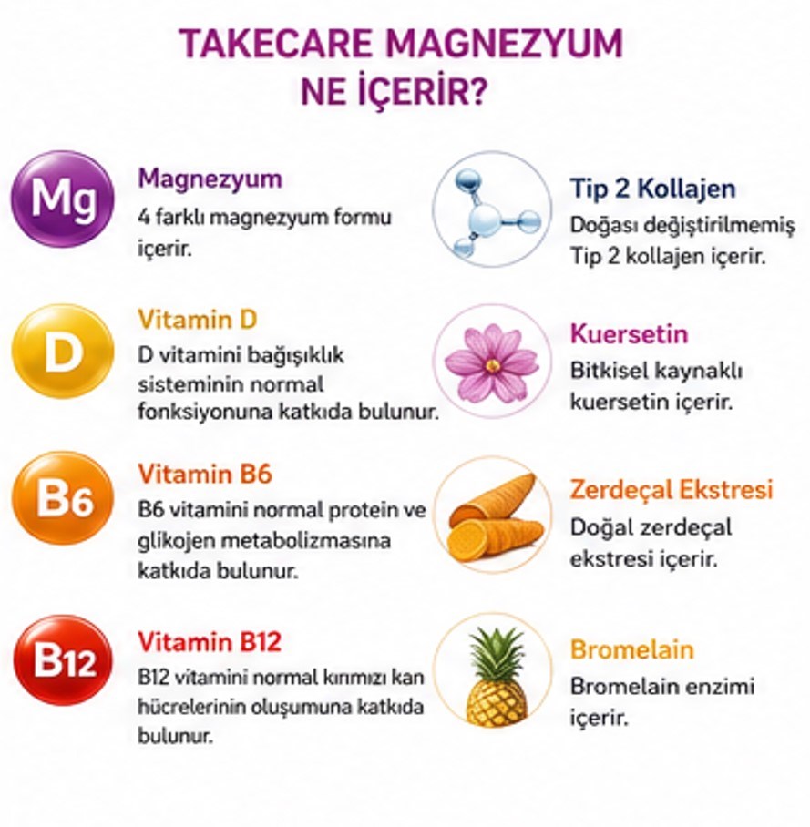 TAKECARE Magnezyum, Vitaminler, Zerdeçal ve Bromelain İçeren 30 Tablet