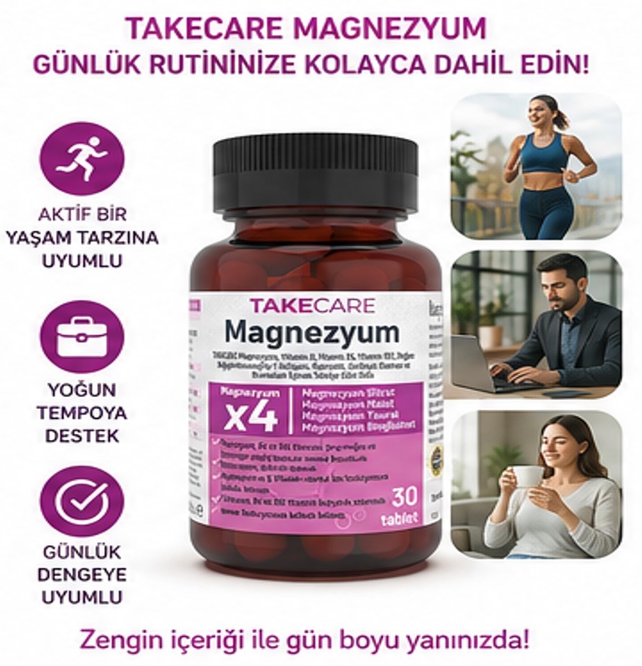 TAKECARE Magnezyum, Vitaminler, Zerdeçal ve Bromelain İçeren 30 Tablet