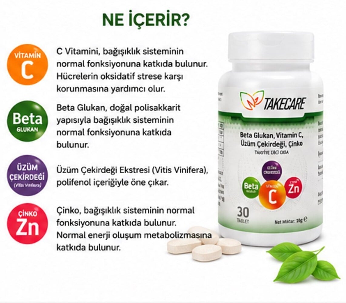 Takecare Vitamin C Çinko ve Beta Glukan içeren 30 Tablet