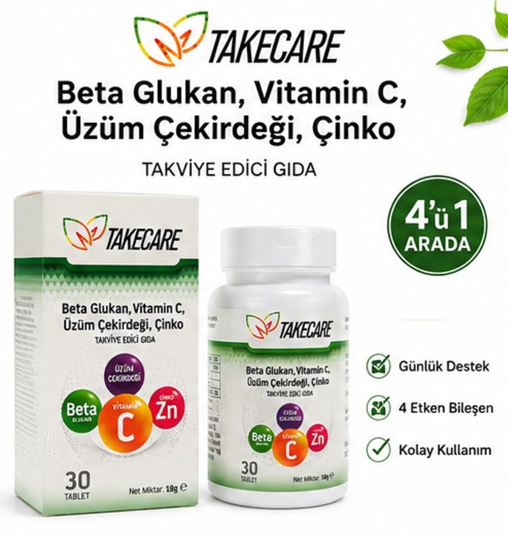 Takecare Vitamin C Çinko ve Beta Glukan içeren 30 Tablet