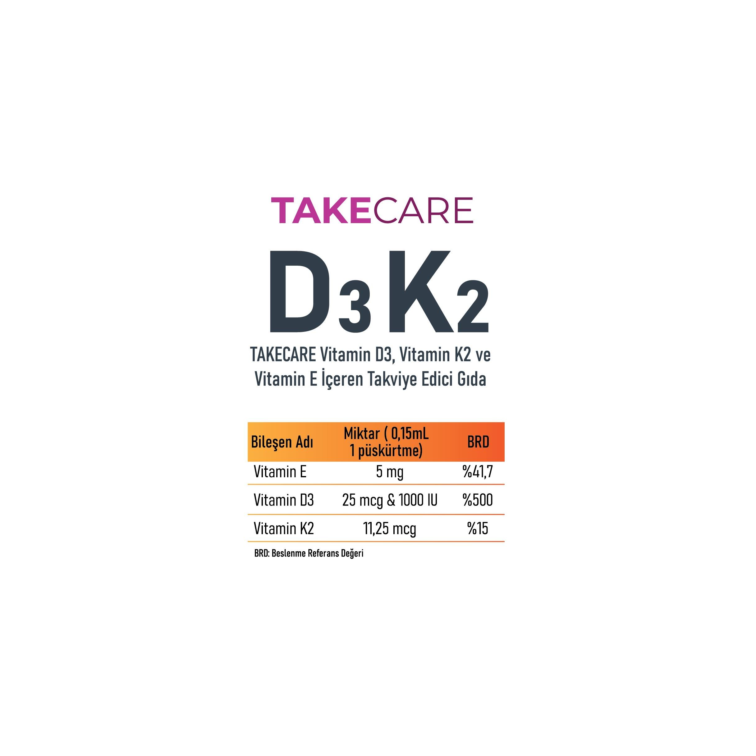 TAKECARE Vitamin D3, Vitamin K2 ve Vitamin E İçeren Takviye Edici Gıda 20ml Sprey ve Damla